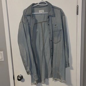 Risen Light Blue Distressed Denim Shirt
